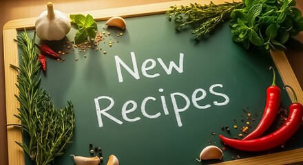 Fresh Food Ingredients Arranged Around a Green Chalkboard with text  'New Recipes'