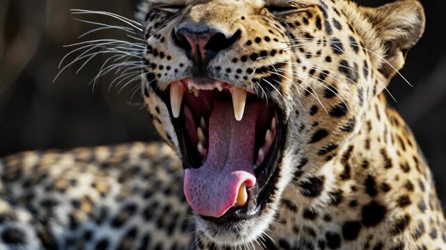 CloseUp Portrait Of A Leopard Yawning Wide Showing Its Sharp Teeth And Pink Tongue With Its Spotted Fur Detailed In Natural Sunlight And Soft Bokeh Background