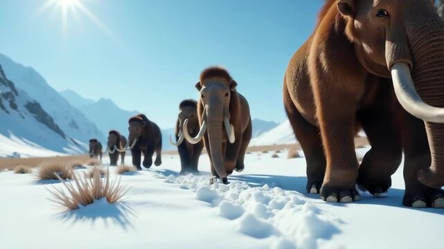 Video A herd of woolly mammoths walk through the snowy tundra, with icy mountains in the background
