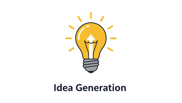 Bright yellow glowing lightbulb icon with an upward arrow symbolizing innovation and creative idea generation on transparent background