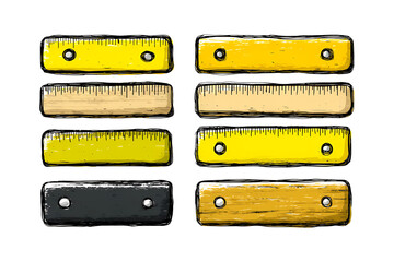 Illustration of collection of various rulers in different colors and textures isolated on transparent background