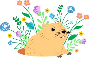 happy groundhog or woodchuck peeking out from hole celebrating spring seasonal holiday cartoon vector illustration animal surrounded by field flowers