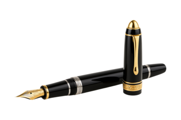 Elegant Black Fountain Pen with Gold Accents and Cap Detail Isolated on a Transparent Background