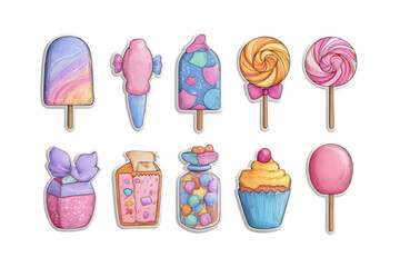 Illustration of colorful assortment of sweet treats on sticks and in wrappers isolated on transparent background