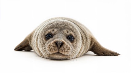 A baby seal lying flat with its head resting on the ground.