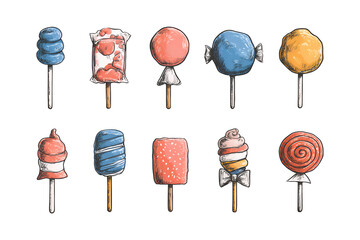 Illustration of colorful assortment of sweet treats on sticks isolated on transparent background with various textures and designs