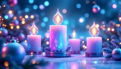 Glowing holiday candles with bokeh lights in festive winter setting