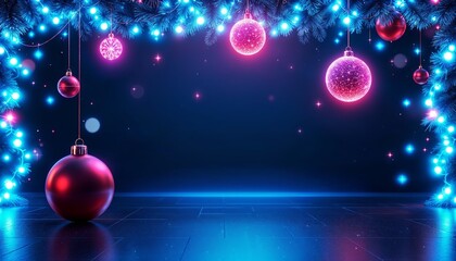 Festive Christmas scene with red baubles and glowing blue lights