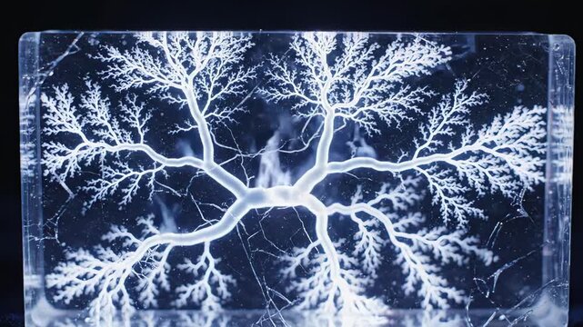 glowing lichtenberg tree captured in acrylic block, intricate fractal branches radiating from central discharge, artful scientific specimen on dark surface, researcher demonstrating dielectric
