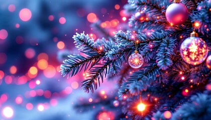 Fototapeta premium Vibrant Christmas tree branch with sparkling lights and baubles