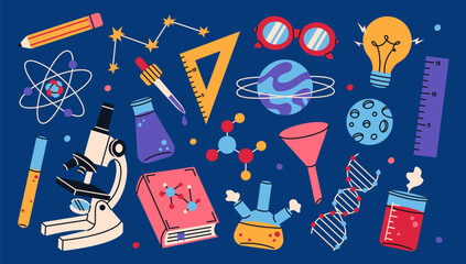 Colorful set of science and chemistry elements. Education concept. Flat vector illustration.