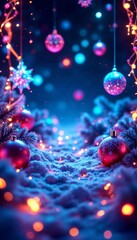 Fototapeta premium Vibrant winter wonderland with colorful ornaments and snowy pines