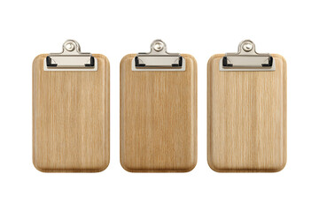 Illustration of three wooden clipboards with metal clips on top isolated on transparent background for office supplies