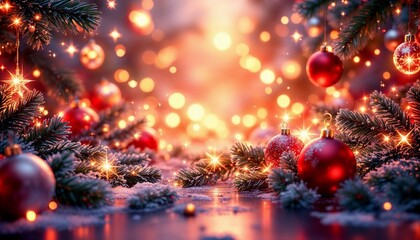 Fototapeta premium Festive Christmas scene with sparkling lights and red ornaments