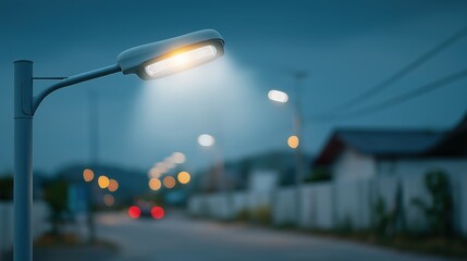 Flickering streetlamp in a cinematic nighttime urban scene.