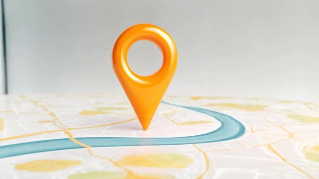 Three dimensional map with bright location pin marker highlights route and destination symbolizing navigation guidance travel planning and local search
