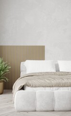 Cloud dancer color year 2026 white bedroom interior design room. Furniture, bed, bedding and microcement plaster decorative stucco accent. Brass and beige details. Elegant hotel, home space. 3d render