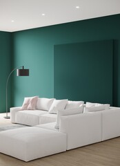 Emerald green accent color background walls with cloud dancer 2026 white sofa. Modern stylish interior design lounge living room. Trend color, minimalistic details and furniture. Mockup. 3d render