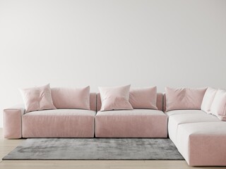 Minimalistic interior in cloud dancer trend color of the year 2026. White design and empty background wall for art - mockup copyspace. Soft pink powder sofa. 3d render