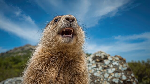 Close-up of a Gibraltar rock hyrax with an open mouth, showcasing teeth, under a bright blue sky with clouds and rocky terrain background.
