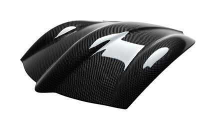 Sleek black carbon fiber automotive hood with aggressive white vent accents for racing parts