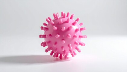 Pink stylized 3D virus model with spherical body and spike-like protrusions on gradient white background.