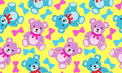 seamless pattern with pink and blue bears polka dot bows bright yellow background gender reveal party theme textile print