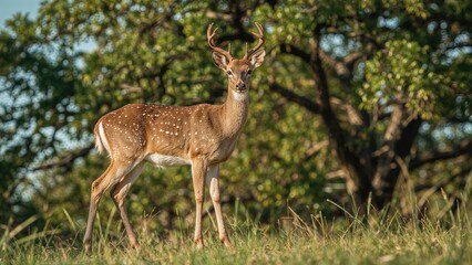 Fototapeta premium Young deer in a natural forest environment, standing on grass with green foliage in the background. Wildlife and nature scene. Forest habitat and animal observation.