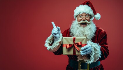 Santa Claus holding a gift in his hand with his other hand pointing to the side at a blank red background