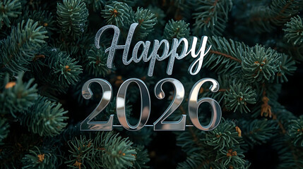 Silver "Happy 2026" Text on Pine Needles