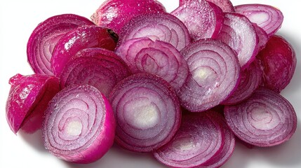 Freshly sliced red onion rings arranged neatly on a white surface with droplets of water glistening on them showcasing their texture and vibrant color