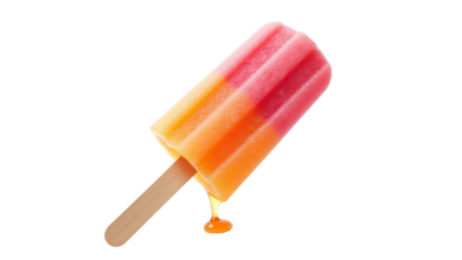 Deliciously melting tricolor fruit popsicle with vibrant orange and pink layers dripping sweet syrup