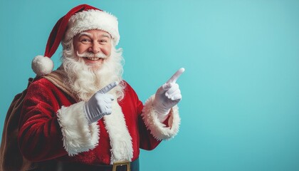 Święty Mikołaj z workiem na plecach wskazuje palcem w bok na puste niebieskie tło