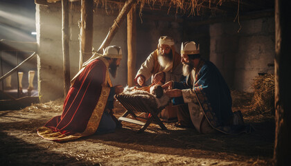 Trzej Kr&oacute;lowie oddają pokłon dzieciątku Jezus leżącemu w żłobie składając mu dary