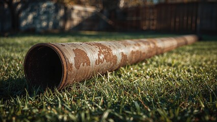 A rusty metal pipe lying on the grass in a backyard. Rusted metal pipes, outdoor, metalwork, or construction materials.
