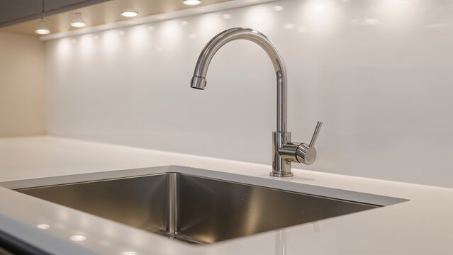 Empty kitchen sink with modern faucet and illuminated backsplash. Kitchen and plumbing, concept. Home and interior design. The concept of modern kitchen fixtures and utilities.