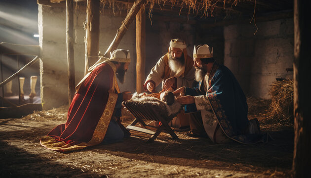 Trzej Kr&oacute;lowie oddają pokłon dzieciątku Jezus leżącemu w żłobie składając mu dary