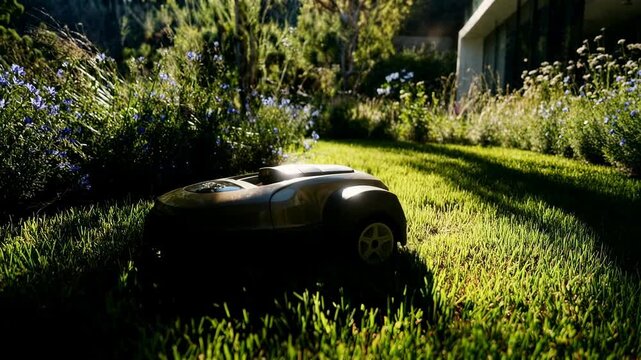 Robotic lawn mower glides across sunny garden cutting grass among flowers and bushes representing smart home technology and effortless yard care