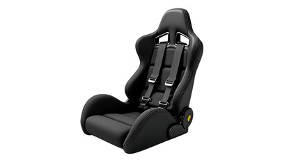 Sleek black racing bucket seat with integrated harness system for automotive design projects