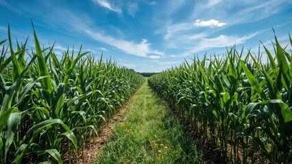 Fototapeta premium A lush green cornfield with a clear blue sky and scattered clouds, showing tall, healthy corn plants along a central grassy path.