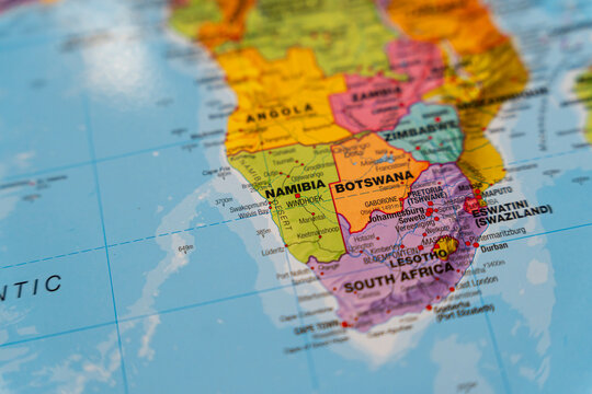 Warsaw, Poland - Dec 5, 2025: Close-up view of a colorful political map of Southern Africa highlighting Namibia, Botswana, and South Africa, showcasing the geographical context.