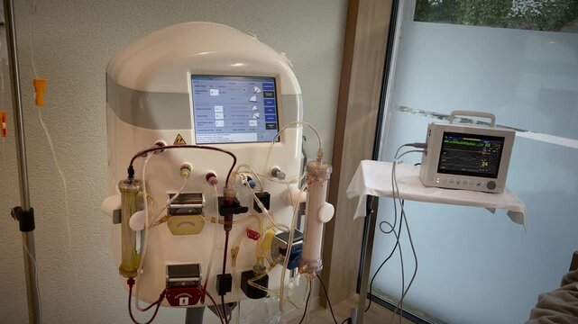 Man getting a blood purification method Apheresis Apparatus While Observing Data On Monitor Closely
