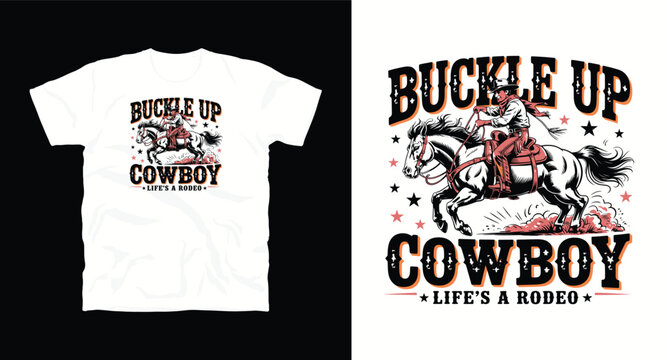 Buckle up cowboy life's a rodeo, featuring a cowboy riding a bucking horse in the dust