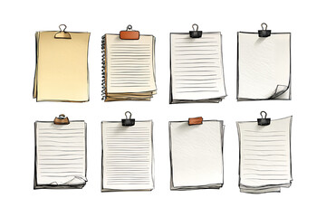 Illustration of collection of blank paper sheets with clips on a transparent background for notes or reminders