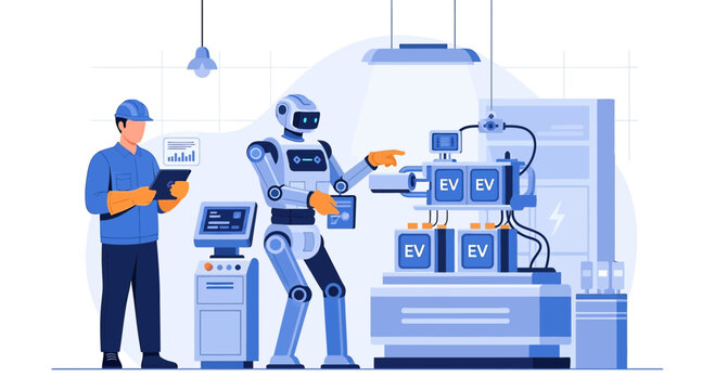 Illustration showcasing collaborative work between human engineer and robot in ev battery assembly