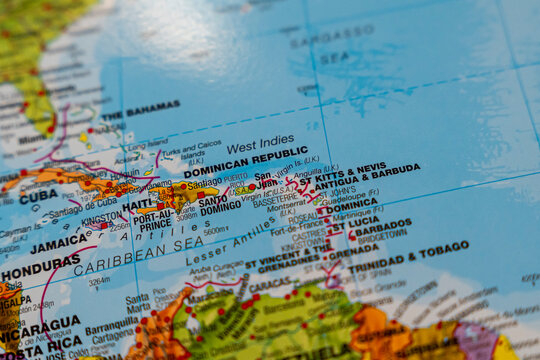 Warsaw, Poland - Dec 5, 2025: Close-up of a geographical map highlighting Caribbean islands, including Dominican Republic and others, showcasing intricate details of the region.