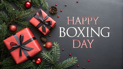 Elegant Happy Boxing Day gifts with black bows and festive decorations on dark background for post-Christmas sales and holiday promotions
