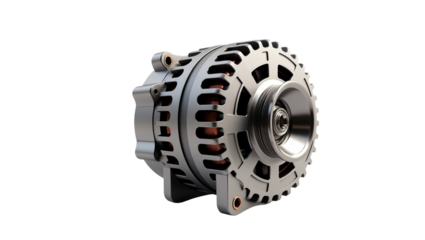 Detailed 3d rendering of a modern automotive alternator component on a stark emphasizing mechanical precision and power generation