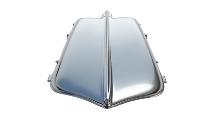 Gleaming chrome vintage automobile hood ornament and trim detail on a stark for classic car restoration projects