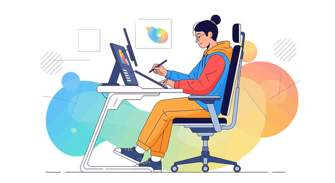 Illustrative design of a graphic artist working on a digital drawing tablet in a modern workspace